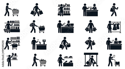 Retail Shopping Cart Silhouette Icon Set Vector – Supermarket Purchase Consumer Symbols