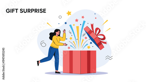 Excited young woman opening a large red gift box with colorful confetti and stars bursting out as part of a surprise celebration.