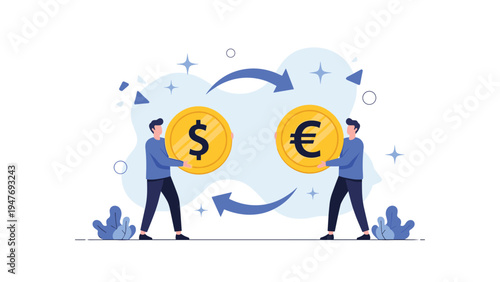 Two professional men facilitating a currency exchange by carrying large gold coins representing the US dollar and the European euro.