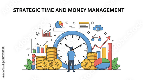 Business professional observing a clock to illustrate strategic time and money management with stacks of coins and various financial charts.