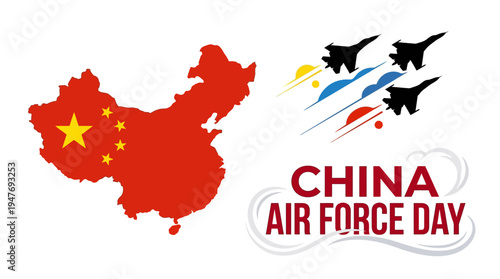 Dynamic vector illustration commemorating a national air force celebration, depicting a stylized map with stars and fighter jets in formation, symbolizing patriotic pride and aerial strength