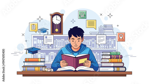 Diligent young student focused on reading a book at a library desk surrounded by tall stacks of textbooks and academic icons.