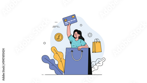 Young woman excitedly holding up a blue credit card while appearing from inside a large blue shopping bag with gold coins nearby.