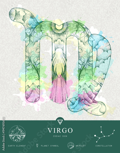 Modern magic witchcraft card with astrology Virgo zodiac sign characteristic. Hand drawing art product. Vector illustration