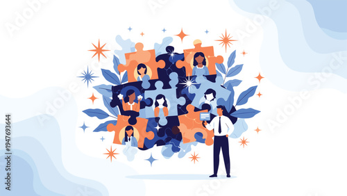 Business professional arranging large puzzle pieces featuring portraits of diverse team members to build a successful and unified team.