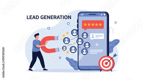 Marketing specialist using a magnet to attract potential customer icons toward a smartphone to illustrate a lead generation strategy.