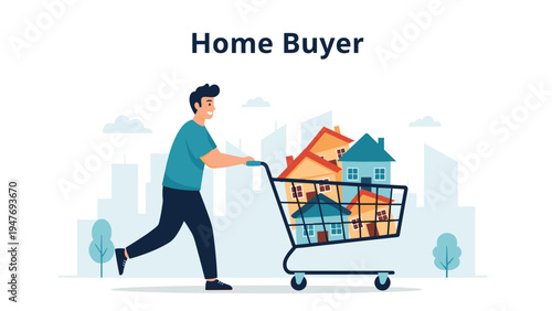 Happy home buyer pushing a shopping cart filled with colorful houses against a city skyline to symbolize real estate selection.