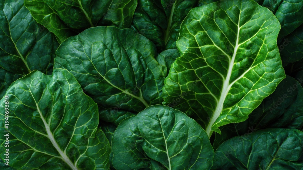 Fototapeta premium Fresh swiss chard leaves texture. Organic green vegetable background for healthy food and cooking. Healthy lifestyle concept. Close up of vibrant plant foliage for agricultural industry.