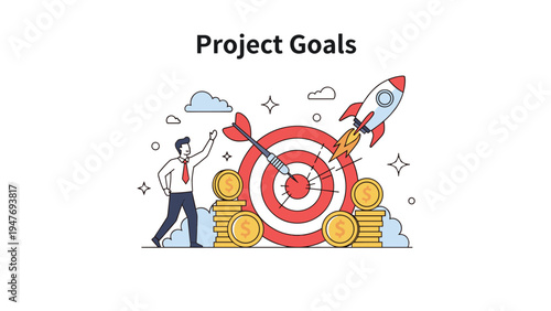 Professional man pointing at a target board with a rocket taking off and stacks of coins to represent ambitious business project goals.