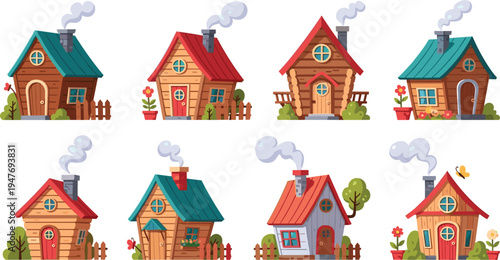 Cute countryside cottage house vector illustration set with colorful roofs chimneys gardens fences and cartoon rural homes