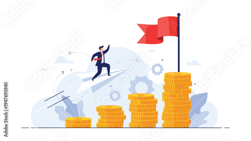 Determined businessman flying on a paper airplane over rising stacks of coins toward a red finish flag representing career milestones.