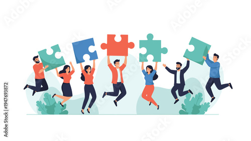 Diverse people jumping for joy while holding colorful interlocking puzzle pieces to celebrate successful team collaboration.