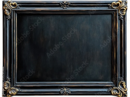 ornate dark vintage frame with gold accents surrounding an empty blackboard-like center, elegant moody decorative display evoking quiet contemplation