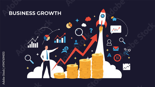 Successful businessman points toward a rising financial chart and a launching rocket to symbolize rapid business growth and profit success.