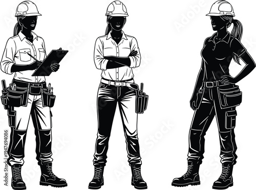 Female construction worker silhouette set wearing hard hat and tool belt, industrial woman engineer and architect isolated on white background.
