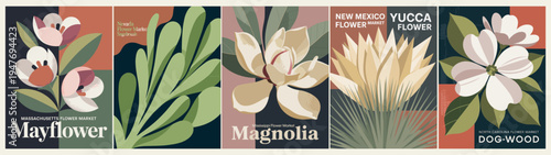 Set of retro botanical posters featuring USA state flowers from Massachusetts, Nevada, Mississippi, New Mexico, and North Carolina in a bold mid-century flat vector style.