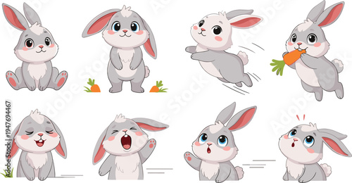 Cute rabbit mascot character set with different emotions jumping eating carrot and playful poses cartoon animal vector illustration