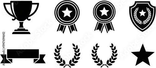 Trophy cup, star badges, laurel wreaths, and award shield set flat design vector illustration