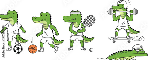 Cartoon Alligator Engaged in Various Sports Activities Including Soccer, Tennis, Skateboarding, and Fitness for Fun and Active Designs