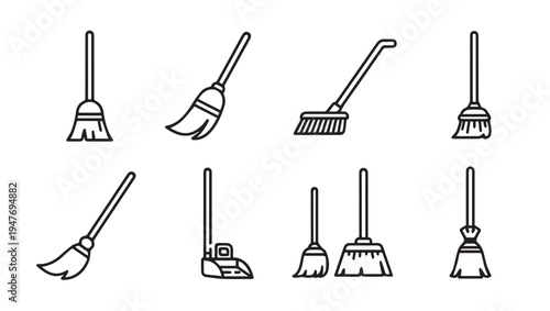 Collection of Broom and Dustpan Icons for Cleaning and Household Chores
