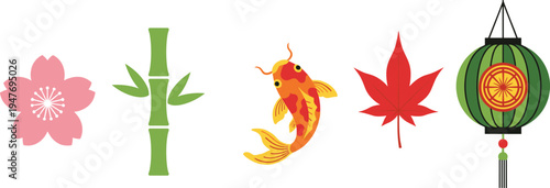 Japanese traditional icons set featuring sakura flower bamboo koi fish maple leaf and lantern flat vector illustration Asian culture design elements collection