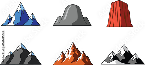 Mountain icons collection various rock formations snowy peaks cliffs and hills flat vector illustration for landscape maps outdoor adventure design