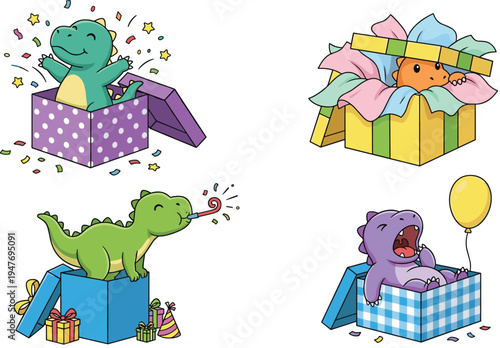 Cute Cartoon Animals Emerging from Gift Boxes with Party Decorations, Balloons, and Surprises for Kids and Celebration Themes