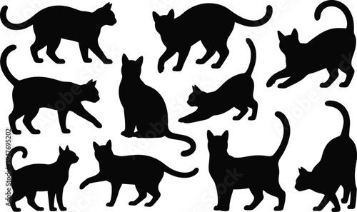 Assortment of Black Cat Silhouettes Depicting Various Poses and Movements on a White Background feline