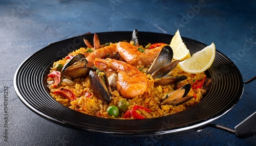 tasty spanish paella with seafood and chicken