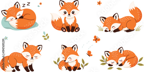 Cute sleeping and playful fox cartoon character set with different poses adorable woodland animal vector illustration collection