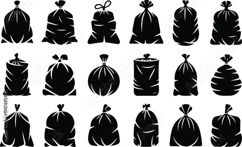 Assortment of Black Silhouettes of Tied Garbage Bags and Sacks on a White Background Keywords: garbage bag, trash bag, sack, bag, waste, refuse, rubbish, disposal, collection, tied, knot