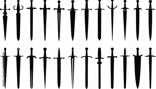 Assortment of black silhouette medieval swords and daggers in two rows sword silhouette dagger silhouette