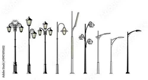 Collection of vintage and modern street lamp designs.