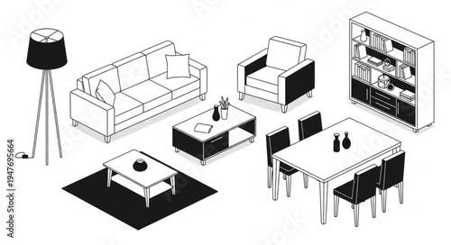 Collection of modern furniture for living room and dining room.