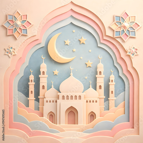 Ramadan and Eid Mubarak 3D Paper Cut Mosque Illustration with Crescent Moon and Pastel Colors