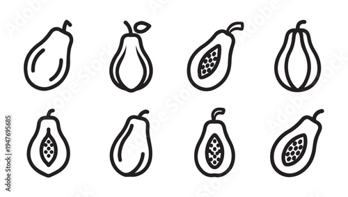 Assorted Tropical Fruit Icons: Papaya and Pear Line Art Set
