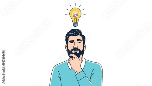Thoughtful man with a beard looking up at a glowing yellow light bulb representing a creative idea and innovative problem solving.