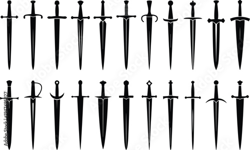 Collection of Black Silhouettes of Historical Swords and Blades in Two Rows on a White Background Keywords: sword, historical, blade, weapon, knight, warrior, battle, combat, steel, metal