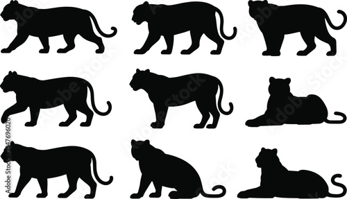 Collection of nine black silhouette illustrations of tigers in various poses on a white background