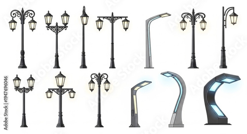 Collection of various street lights and lampposts.