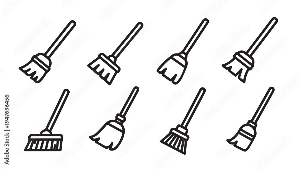 Obraz premium Broom Icons Set Vector Collection Different Types of Brooms for Cleaning Isolated on White Background