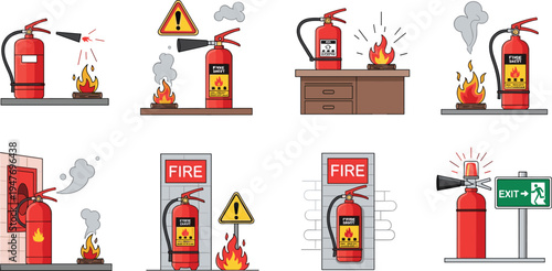 Fire extinguisher emergency usage scenarios vector set showing firefighting safety equipment preventing flames in different indoor situations
