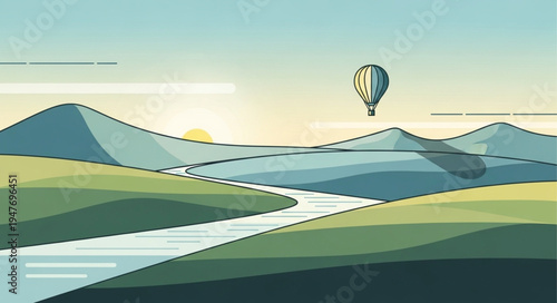 Hot air balloon floating over rolling hills and river.