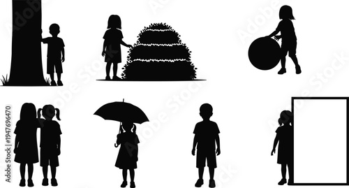Children silhouettes collection showing kids standing, playing with ball, holding umbrella, hiding behind tree and frame, playful childhood activity vector set