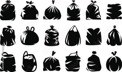 Diverse Black Silhouettes of Tied Trash Bags and Sacks in Various Shapes and Sizes on a White Background Keywords: trash bag, garbage bag, sack, bag, waste, refuse, rubbish, disposal