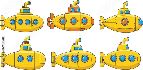 Cartoon yellow submarine set underwater vehicle ocean exploration marine transport nautical adventure vector illustration collection isolated