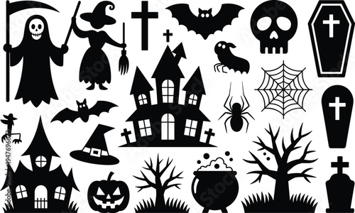 Halloween Silhouette Set with Grim Reaper Witch Haunted Castles Bats Skulls and Spooky Objects Keywords: Halloween, silhouette, grim reaper, witch, haunted house, bat, skull, spider