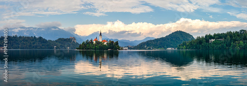 Canvastavla Lake Bled in late afternoon light with Bled Island in the middle which the lake