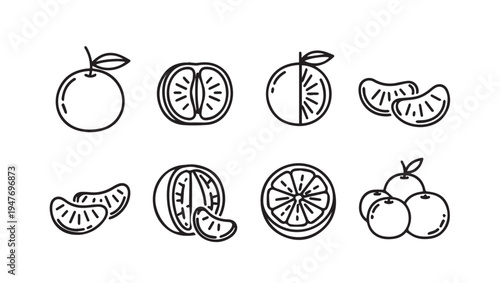 Citrus Fruit Icons: Oranges Mandarins Slices Whole and HalvesStock Graphics