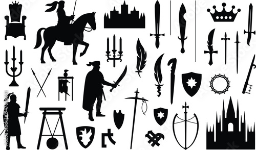 Medieval Knights Castle and Weapon Silhouettes Including Swords Shields and Thrones Keywords: knight silhouette horse rider silhouette castle silhouette crown silhouette sword silhouette